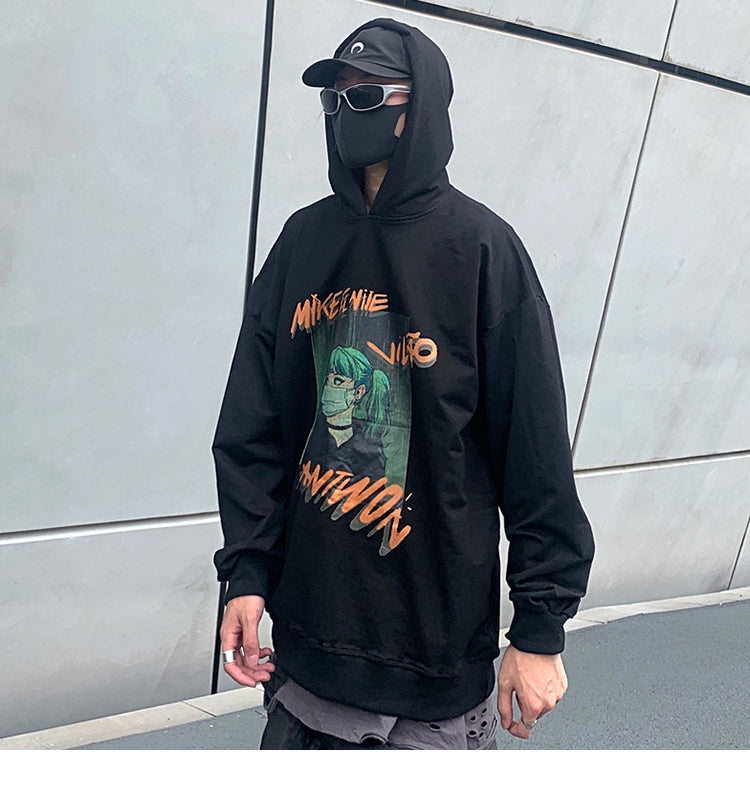 Hip Hop Hoodie Sweatshirt Men Harajuku Japanese Anime Hoodie Streetwear Cartoon Girl Green Hair Hooded Pullover Autumn