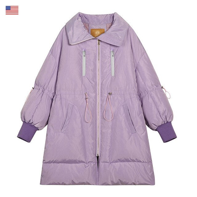 Local Delivery Solid Drawstring Pocket Zip Down Jacket Women Oversize Coat Autumn Casual Female Outwear