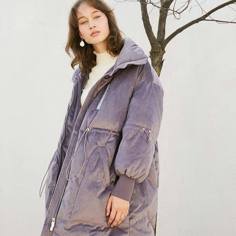 Local Delivery Solid Drawstring Pocket Zip Down Jacket Women Oversize Coat Autumn Casual Female Outwear
