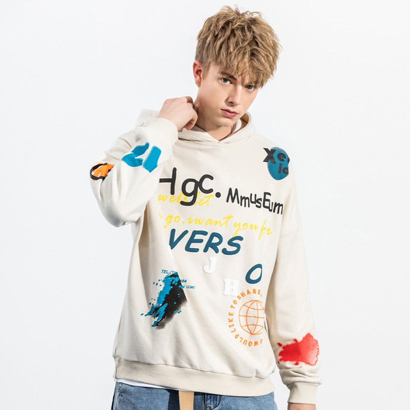 Men Hip Hop Hoodie Sweatshirt Streetwear Harajuku Graffiti Hoodie Pullover Face HipHop Loose Hoodie Skateboard Autumn