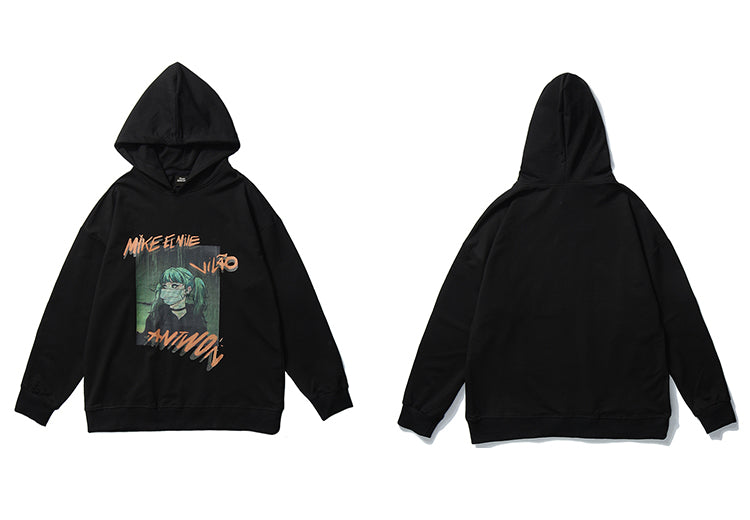 Hip Hop Hoodie Sweatshirt Men Harajuku Japanese Anime Hoodie Streetwear Cartoon Girl Green Hair Hooded Pullover Autumn