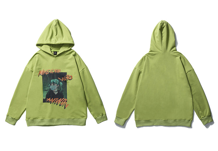Hip Hop Hoodie Sweatshirt Men Harajuku Japanese Anime Hoodie Streetwear Cartoon Girl Green Hair Hooded Pullover Autumn