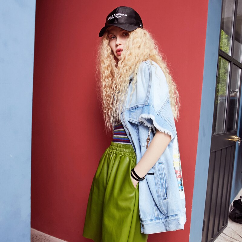 Harajuku Blue Graphic Print Casual Woman Denim Jackets Sleeveless Femme Daily Outerwear