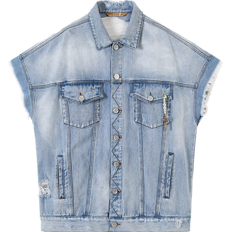 Harajuku Blue Graphic Print Casual Woman Denim Jackets Sleeveless Femme Daily Outerwear