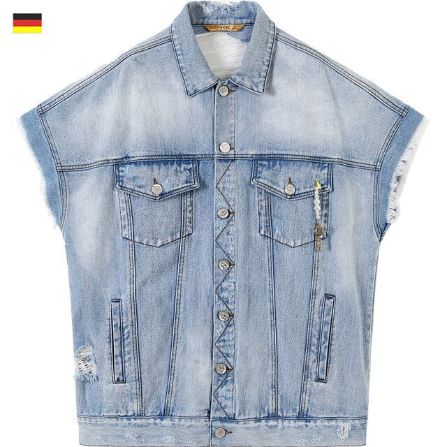 Harajuku Blue Graphic Print Casual Woman Denim Jackets Sleeveless Femme Daily Outerwear