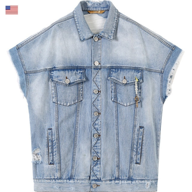 Harajuku Blue Graphic Print Casual Woman Denim Jackets Sleeveless Femme Daily Outerwear