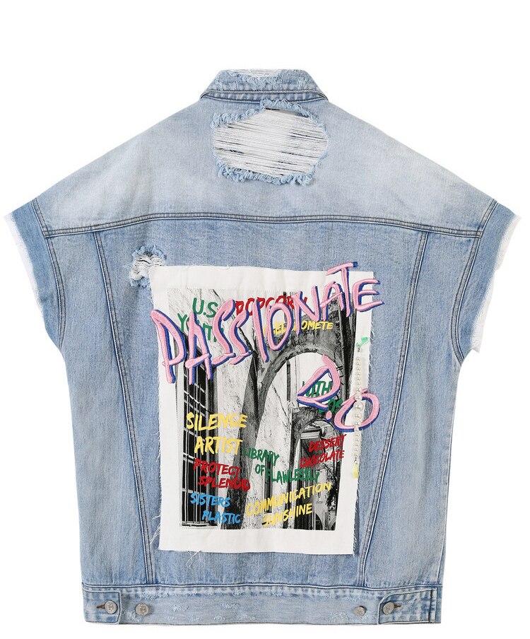 Harajuku Blue Graphic Print Casual Woman Denim Jackets Sleeveless Femme Daily Outerwear