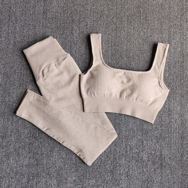 Women&#39;s Sportswear Yoga Set Workout Clothes Athletic Wear Sports Gym Legging Seamless Fitness Bra Crop Top Long Sleeve Yoga Suit