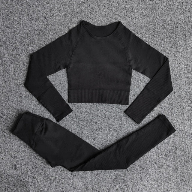 Women&#39;s Sportswear Yoga Set Workout Clothes Athletic Wear Sports Gym Legging Seamless Fitness Bra Crop Top Long Sleeve Yoga Suit