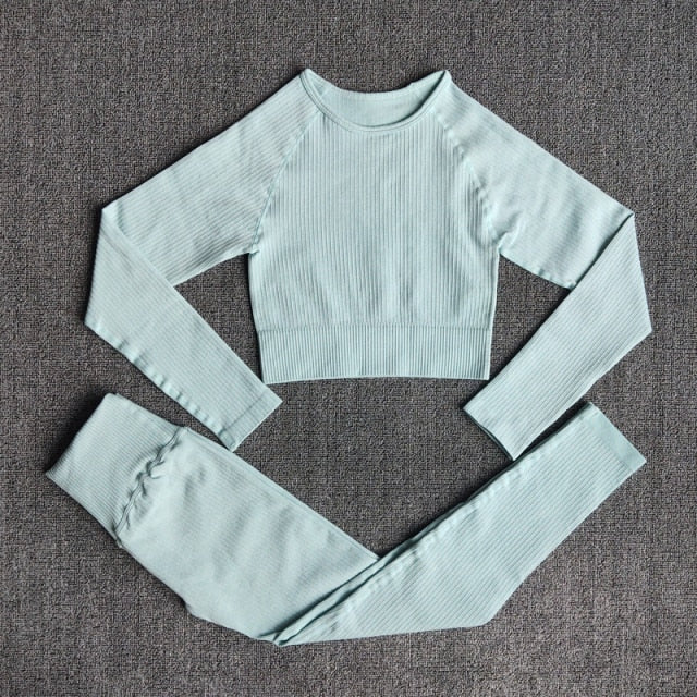 Women&#39;s Sportswear Yoga Set Workout Clothes Athletic Wear Sports Gym Legging Seamless Fitness Bra Crop Top Long Sleeve Yoga Suit