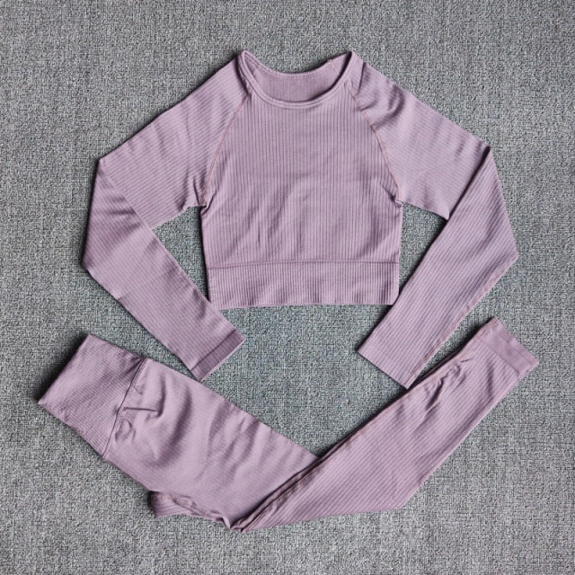 Women&#39;s Sportswear Yoga Set Workout Clothes Athletic Wear Sports Gym Legging Seamless Fitness Bra Crop Top Long Sleeve Yoga Suit