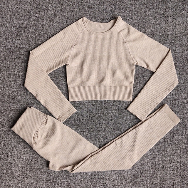 Women&#39;s Sportswear Yoga Set Workout Clothes Athletic Wear Sports Gym Legging Seamless Fitness Bra Crop Top Long Sleeve Yoga Suit