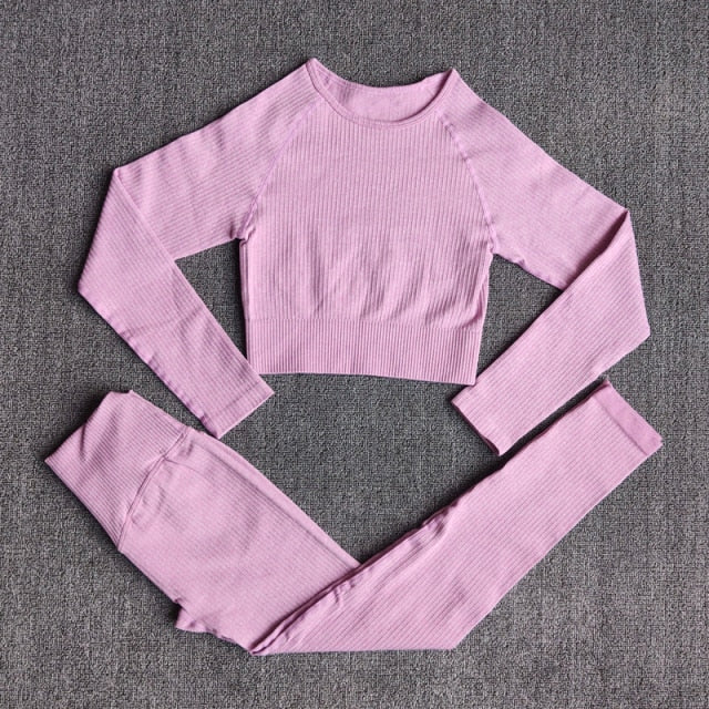 Women&#39;s Sportswear Yoga Set Workout Clothes Athletic Wear Sports Gym Legging Seamless Fitness Bra Crop Top Long Sleeve Yoga Suit