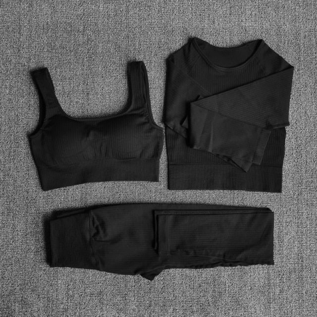 Women&#39;s Sportswear Yoga Set Workout Clothes Athletic Wear Sports Gym Legging Seamless Fitness Bra Crop Top Long Sleeve Yoga Suit