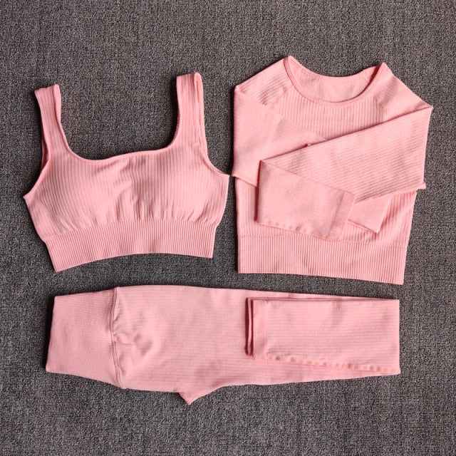 Women&#39;s Sportswear Yoga Set Workout Clothes Athletic Wear Sports Gym Legging Seamless Fitness Bra Crop Top Long Sleeve Yoga Suit