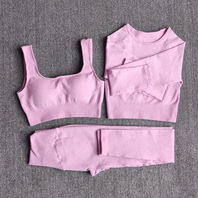 Women&#39;s Sportswear Yoga Set Workout Clothes Athletic Wear Sports Gym Legging Seamless Fitness Bra Crop Top Long Sleeve Yoga Suit