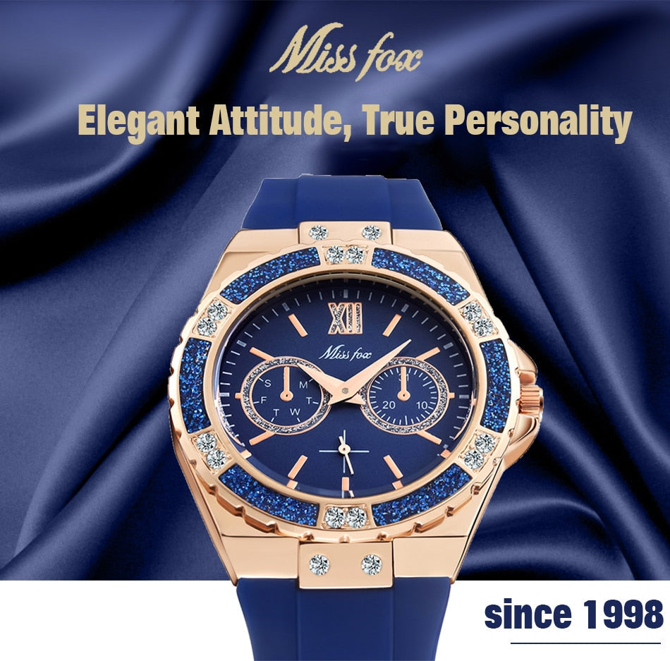 Women's Watches Chronograph Rose Gold Sport Watch Ladies Diamond Blue Rubber Band Xfcs Analog Female Quartz Wristwatch