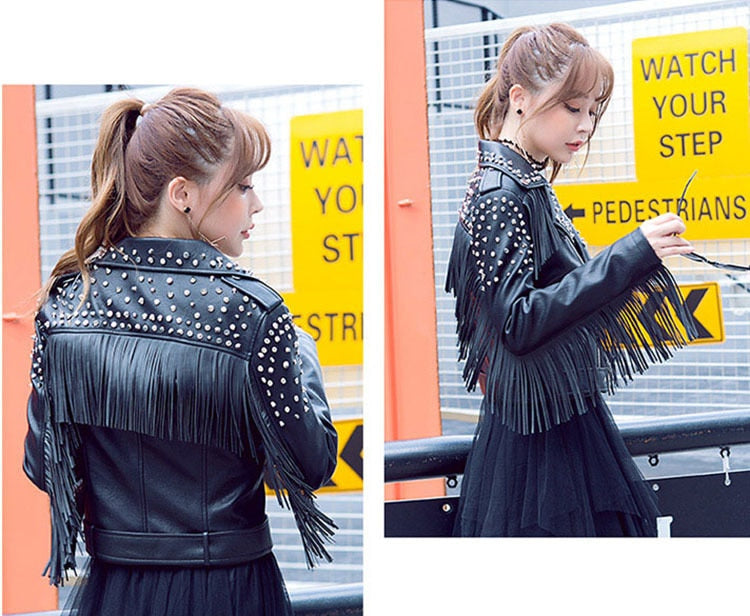 Fringed Rivet Punk Leather Jacket Women  PU Leather Jacket Locomotive Short Coat motorcycle Outerwear Ladies Coats