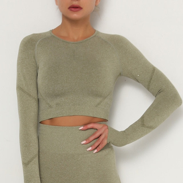 Yoga Crop Tops Yoga Shirts Gym Workout Tops Long Sleeve Fitness Running Sport T-Shirts Athletic Training Wear Women Sportswear