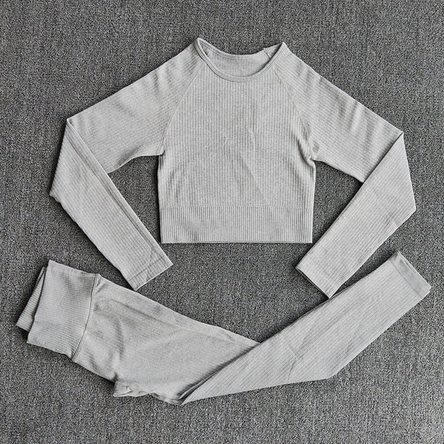 Women&#39;s Sportswear Yoga Set Workout Clothes Athletic Wear Sports Gym Legging Seamless Fitness Bra Crop Top Long Sleeve Yoga Suit