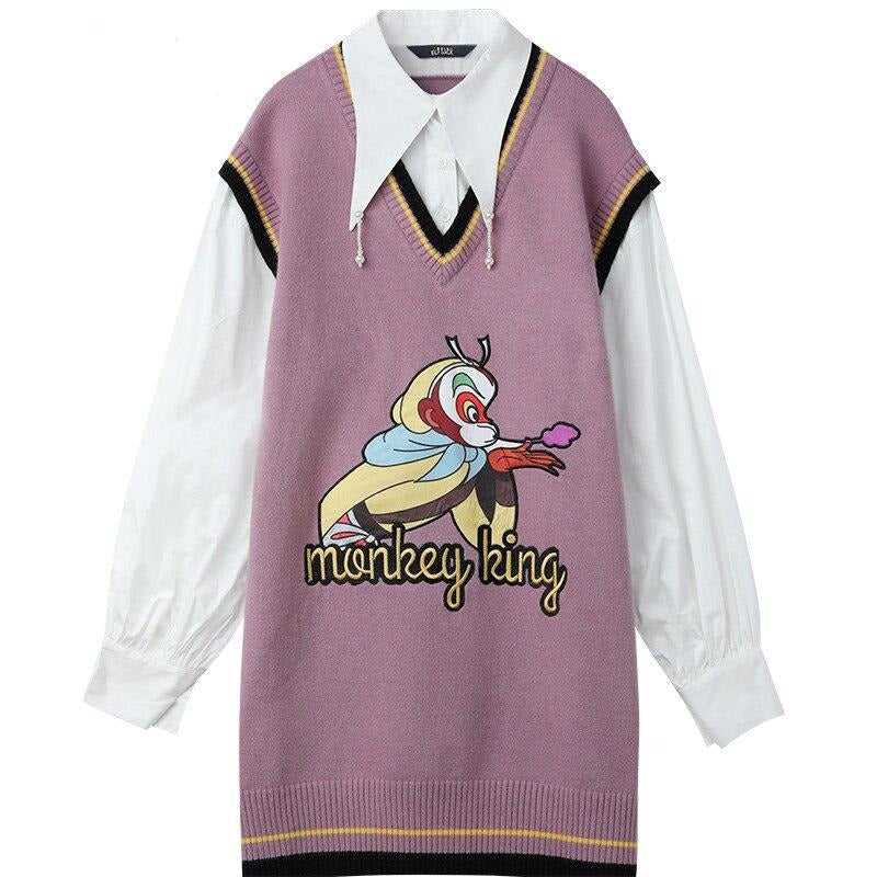 Monkey King Print Casual 2-IN-1 Dresses Women,Winter ELF Vintage Lantern Sleeve Korean Ladies Daily Shirt Dress