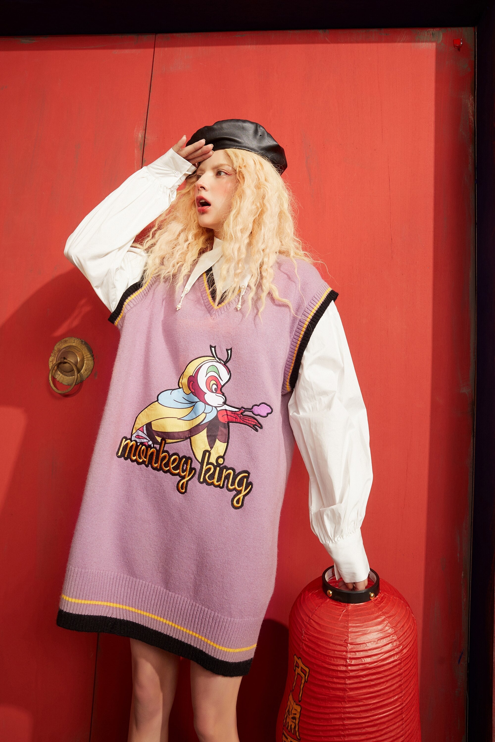 Monkey King Print Casual 2-IN-1 Dresses Women,Winter ELF Vintage Lantern Sleeve Korean Ladies Daily Shirt Dress