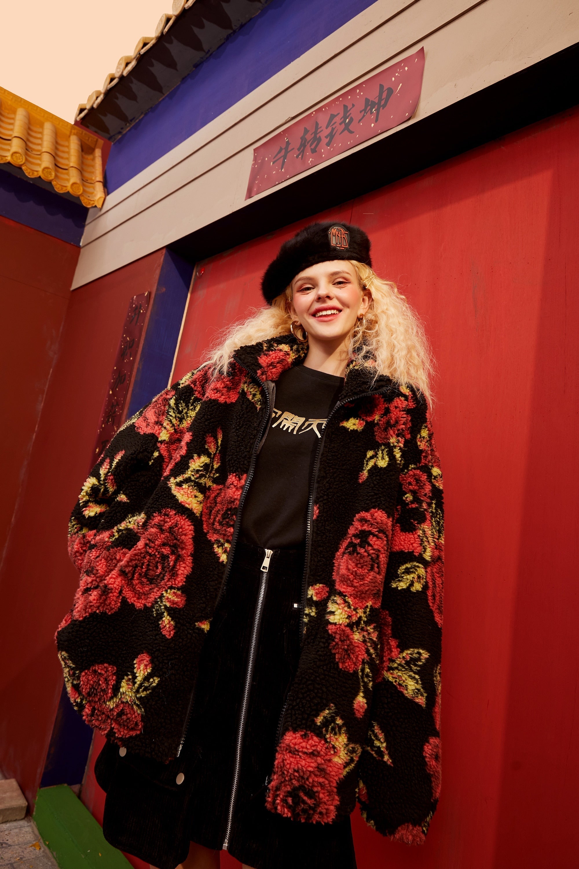 Rose Jacquard Zipper Oversize Women Teddy Jacket,Spring Vintage Full Sleeve,Casual Ladies Daily Warmness Outwear