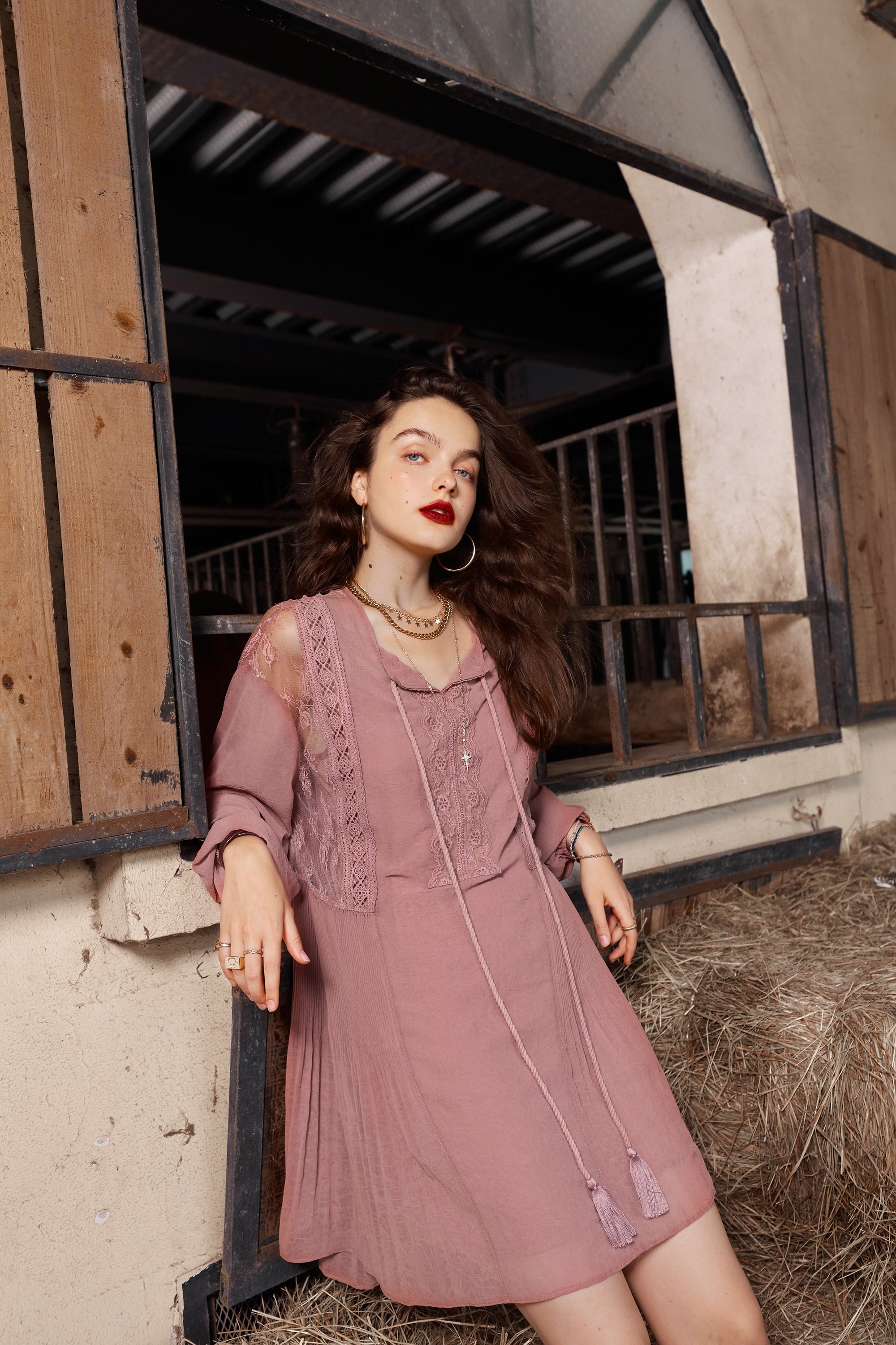 Solid Pure High Waist Casual Vintage Midi Dress Women,Autumn Stylish Full Sleeve,Drawstring Party Dresses