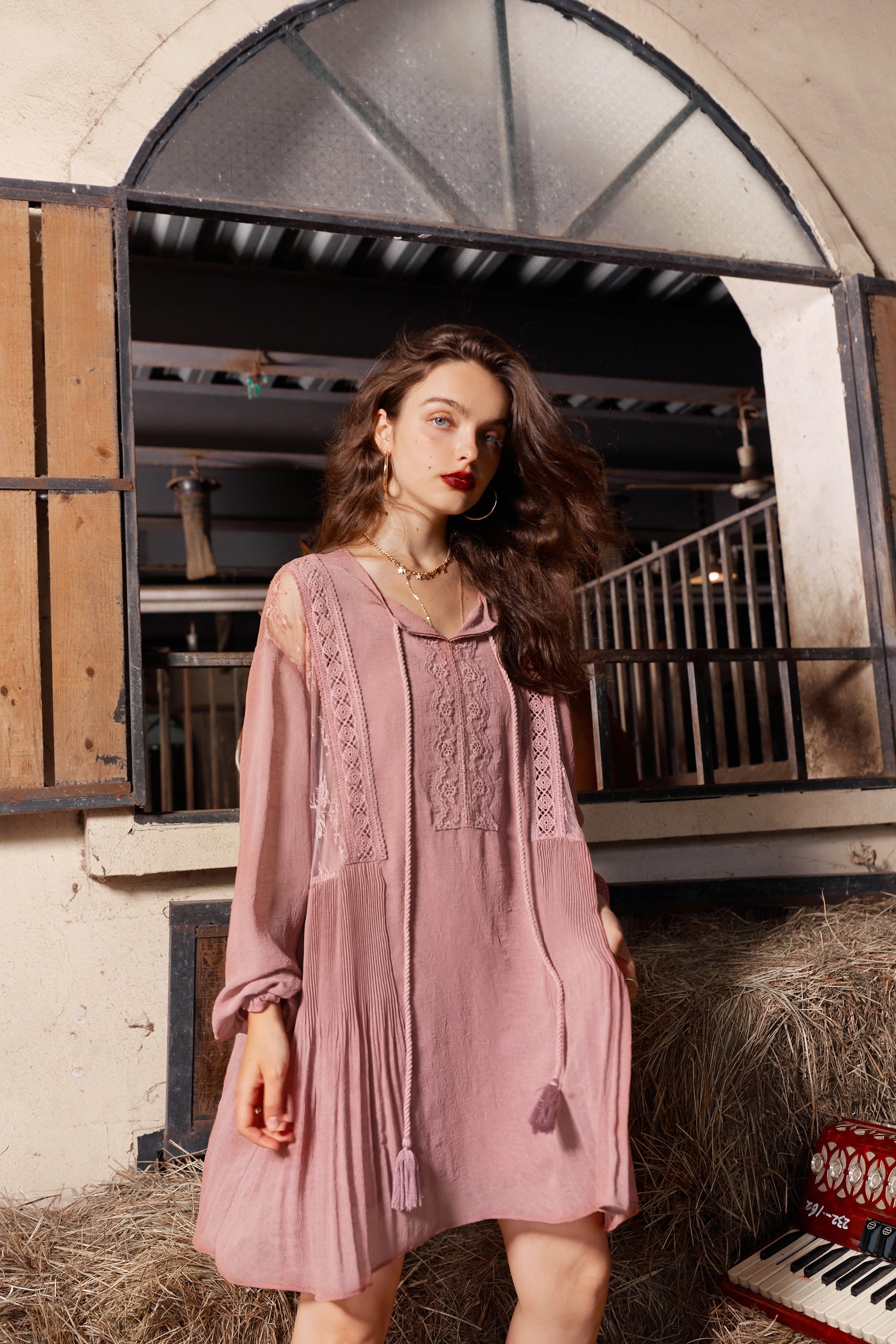 Solid Pure High Waist Casual Vintage Midi Dress Women,Autumn Stylish Full Sleeve,Drawstring Party Dresses