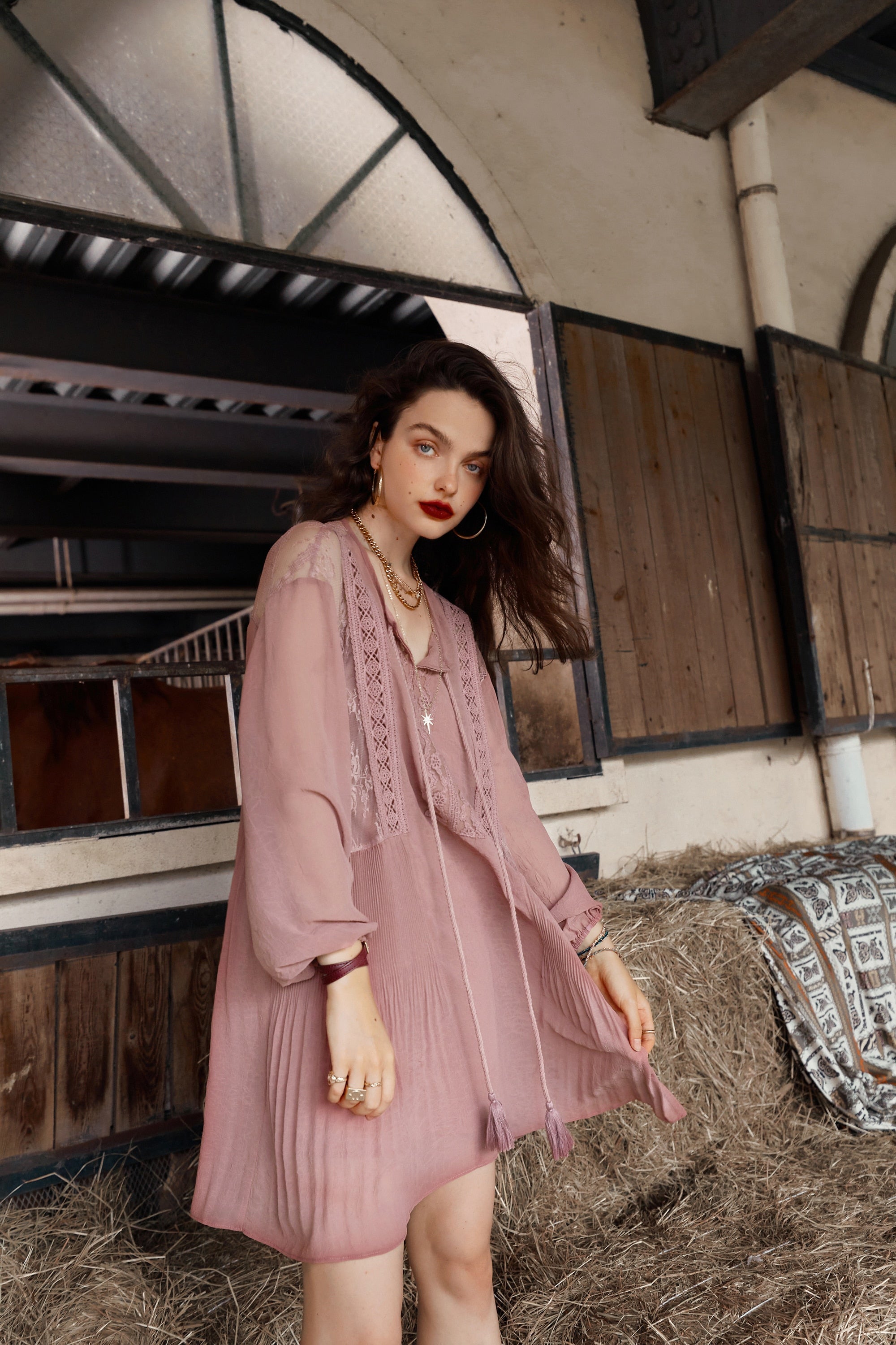 Solid Pure High Waist Casual Vintage Midi Dress Women,Autumn Stylish Full Sleeve,Drawstring Party Dresses