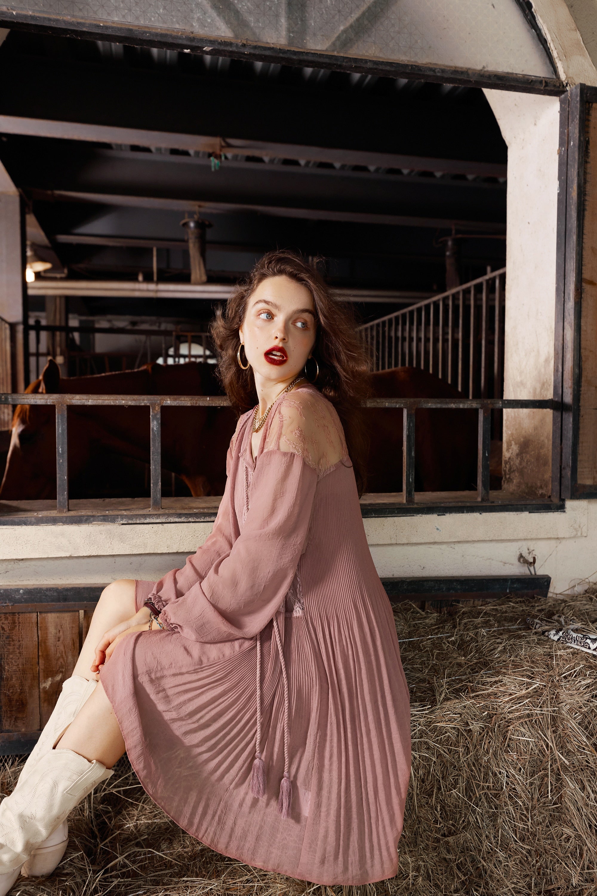 Solid Pure High Waist Casual Vintage Midi Dress Women,Autumn Stylish Full Sleeve,Drawstring Party Dresses