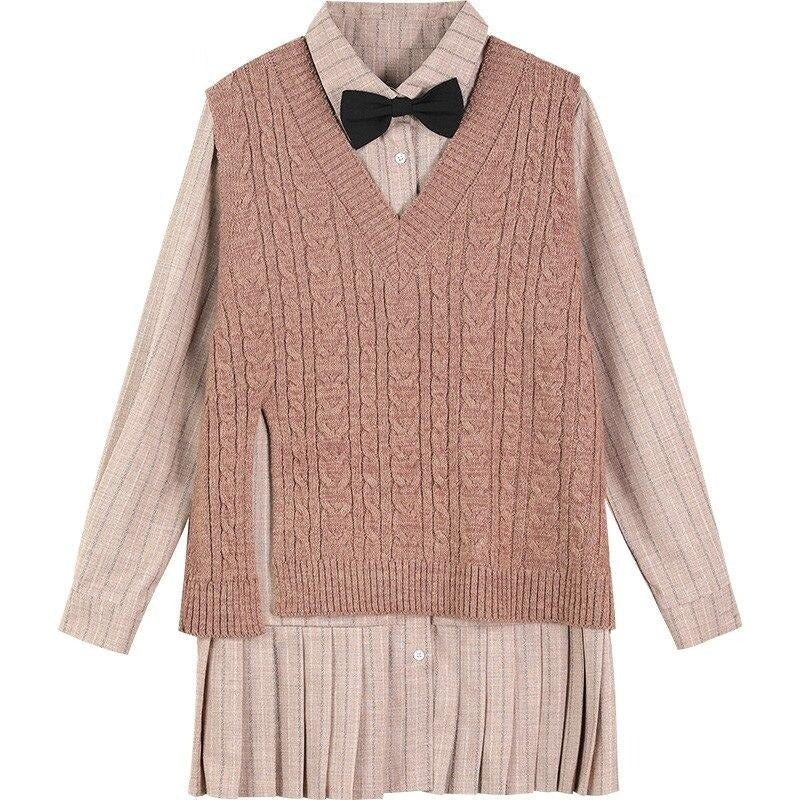 Solid Bows Front Knitted Casual Preppy Mini Dresses Women,Spring ELF Vintage High Wasit Ladies Daily 2-IN-1Dress