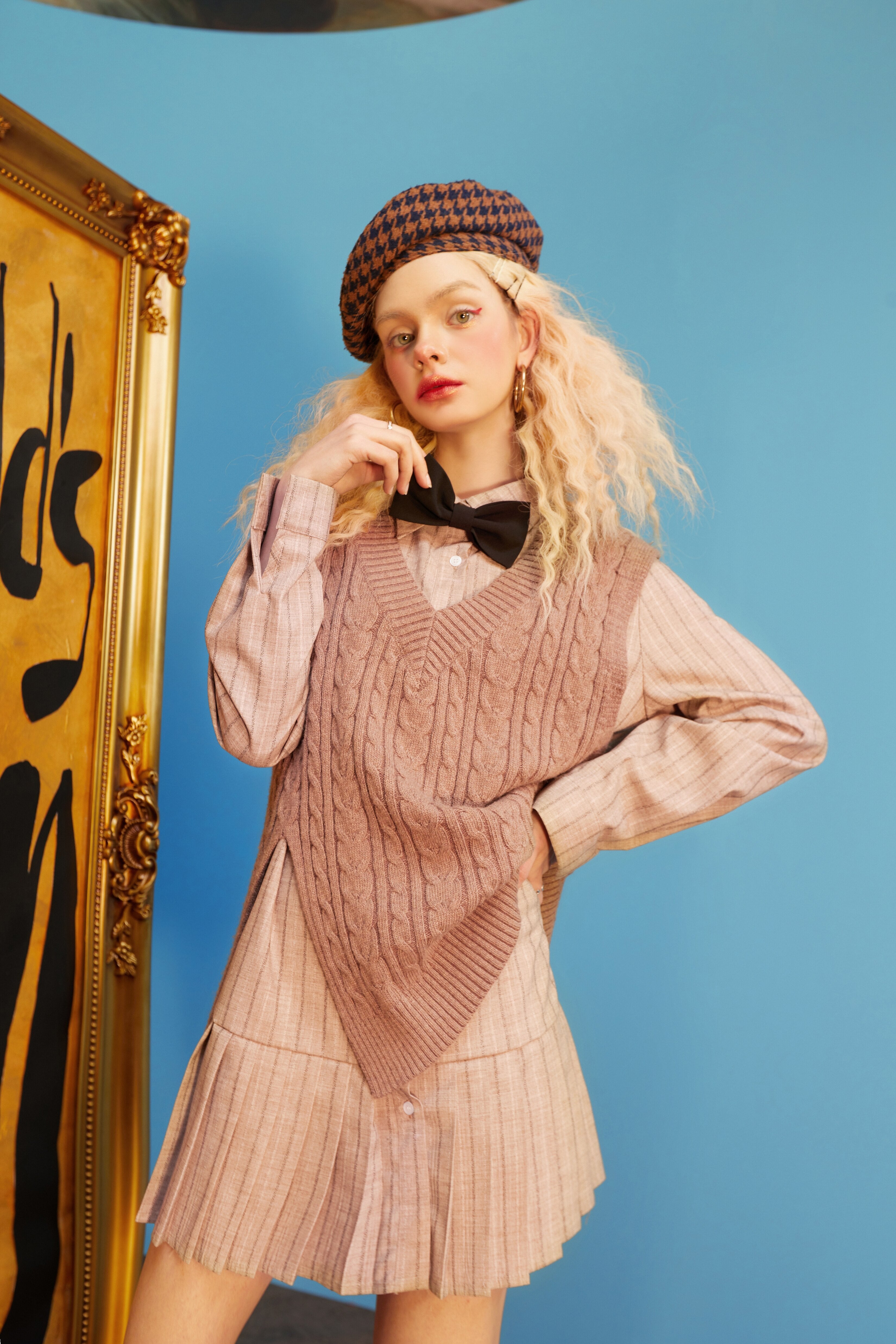 Solid Bows Front Knitted Casual Preppy Mini Dresses Women,Spring ELF Vintage High Wasit Ladies Daily 2-IN-1Dress