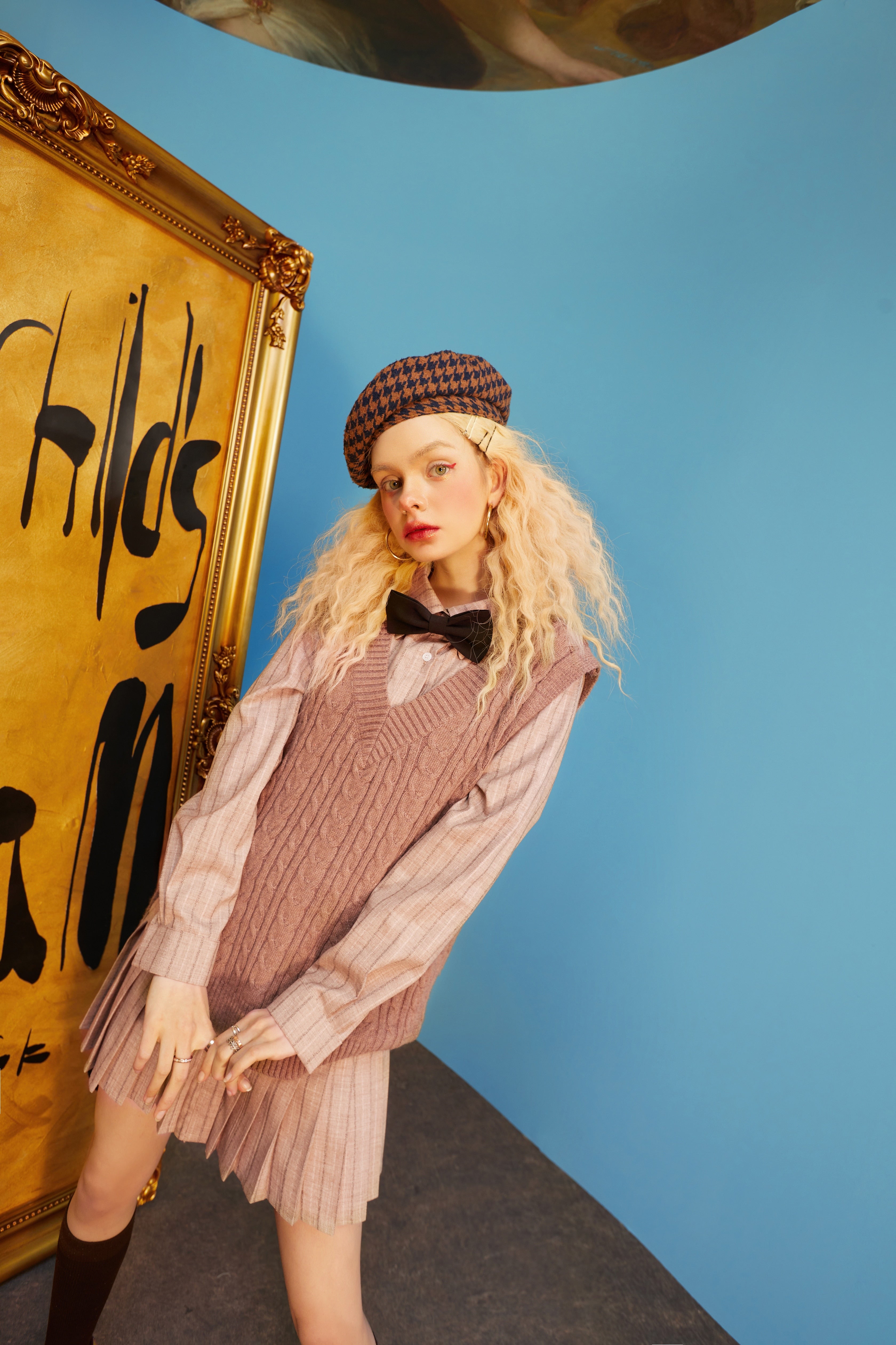 Solid Bows Front Knitted Casual Preppy Mini Dresses Women,Spring ELF Vintage High Wasit Ladies Daily 2-IN-1Dress