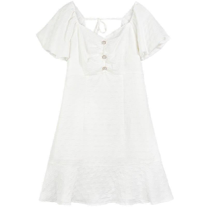 Solid Pure Casual Chic Button Party Dresses Women,Spring Backless Vintage Puff Sleeve Ladies Daily Summer Dress