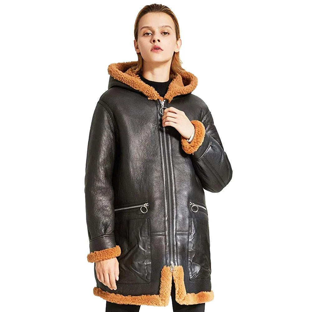 Womens Warm Hooded Sheepskin Shearling Jacket Coat - L