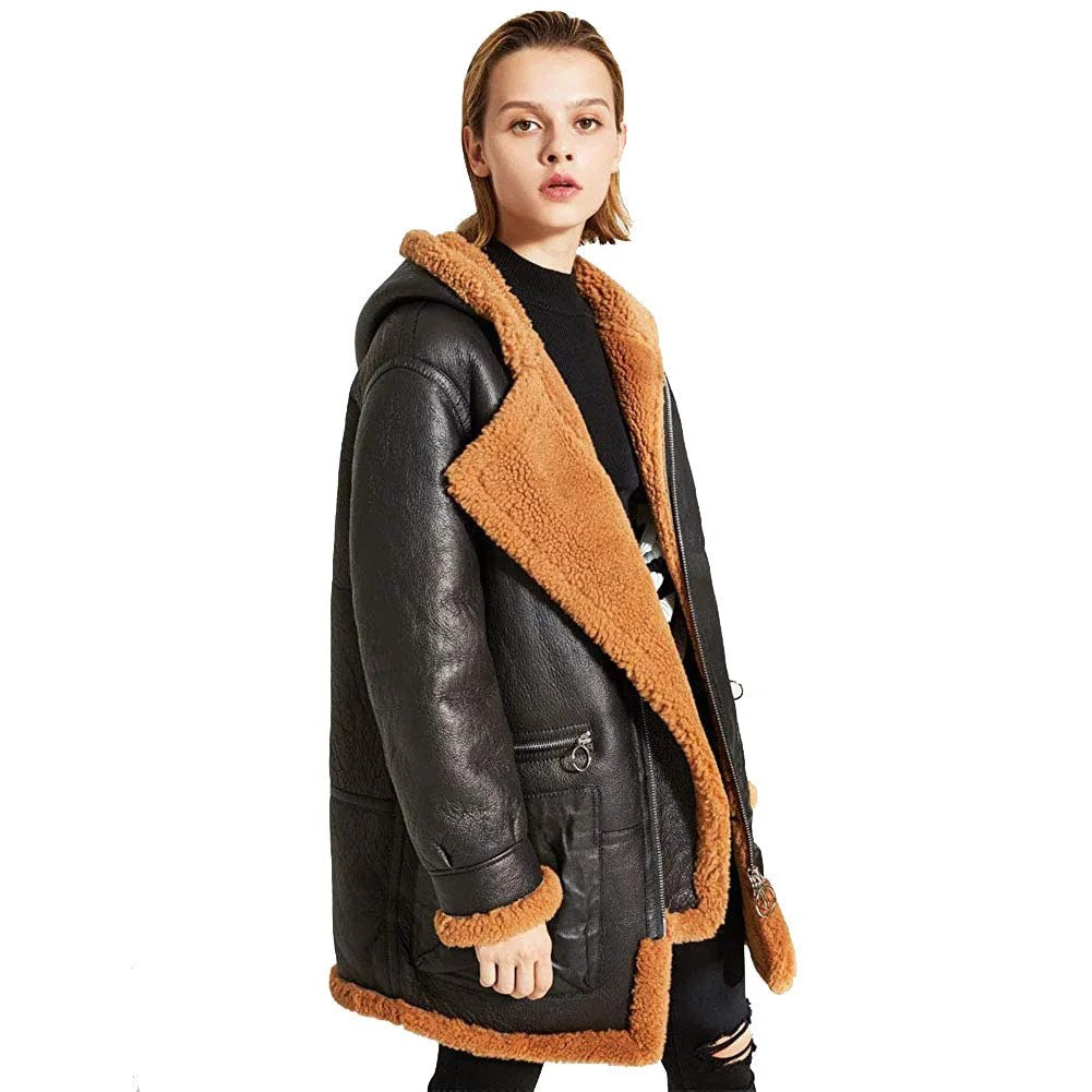 Womens Warm Hooded Sheepskin Shearling Jacket Coat - M